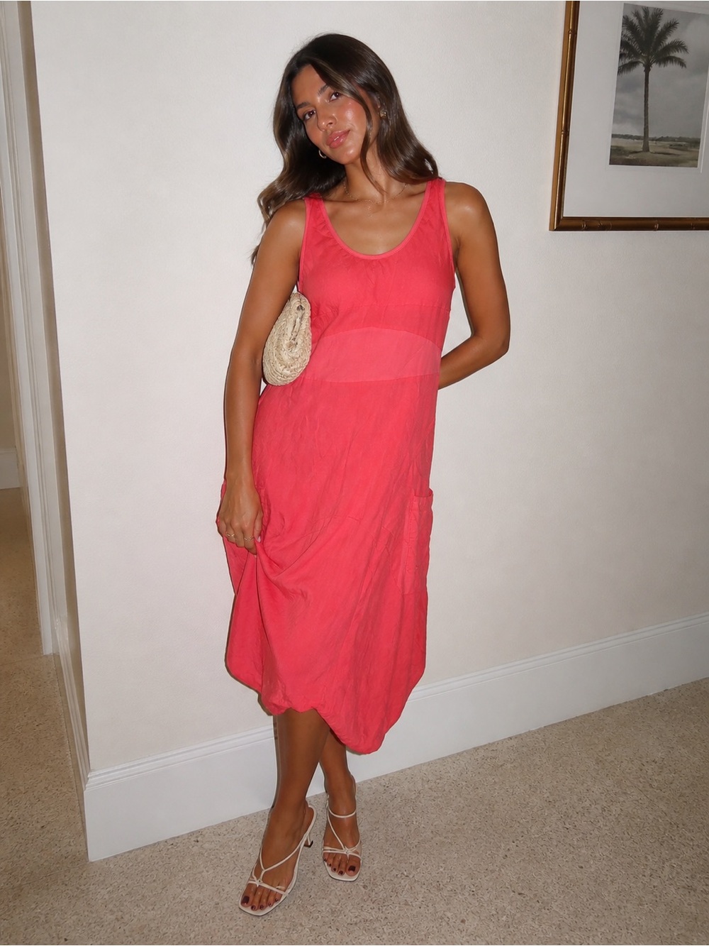 Sundance Linen Midi Dress | Coral Lagenlook Boho Pocket Resort Coastal Luxury S